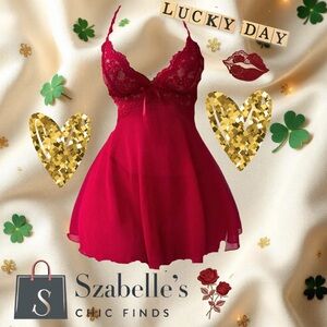 Red Lace Chiffon Babydoll Nightdress